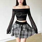 Long sleeve off shoulder mesh letter pattern beaded top