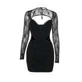 Long sleeve lace hollow out ruched self tie cut out mini dress