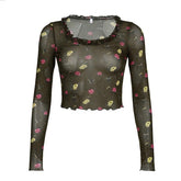 Long sleeve flower print mesh ruffle crop top