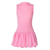 Sleeveless high neck ruched ribbed mini dress