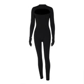 Long sleeve hollow out gloves solid zip-up jumpsuit