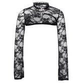 Long sleeve solid high neck metal button lace hem shrug top