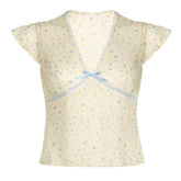 Cap sleeve v neck print bowknot lace hem top