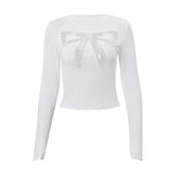 Long sleeve bowknot pattern lace mesh patchwork crewneck top-final-sale