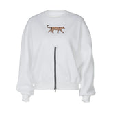 Long sleeve crewneck leopard pattern zip-up top