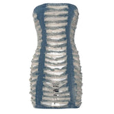 Hollow out ruched raw hem zip-up tube cut out mini dress