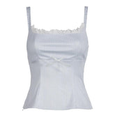 Striped print lace hem zip-up bowknot cami top