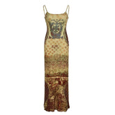 Print abstract backless cami maxi dress