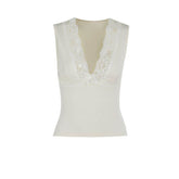 Lace hem deep V neck bowknot solid top