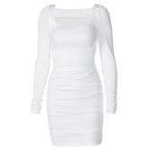 Long sleeve solid square neck ruched mini dress-final-sale