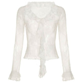 Long sleeve ruffle lace see through top