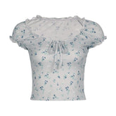 Short sleeve knotted ruffle ribbed print top