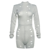 Hollow out long sleeve high neck self tie crochet solid romper-final-sale