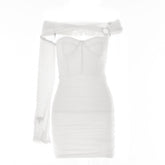 Solid one shoulder o ring hollow out mesh backless cut out mini dress-final-sale