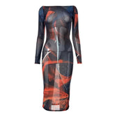 Sheer mesh see through backless contrast print long sleeve midi dress-final-sale