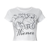 Crew neck short sleeve dog print crop top