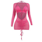 Mesh drawstring ruched long sleeve halter ruffle mini dress-final-sale