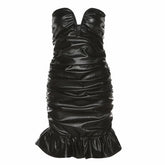 Ruffle solid notch neck ruched PU backless tube mini dress-final-sale