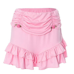 Long sleeve self tie ruched flower applique ruffle solid mini skirt set-final-sale
