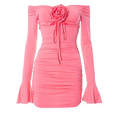 Flower applique hollow out ruched long flared sleeve cut out mini dress-final-sale