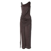 Glitter one shoulder slit cami maxi dress