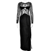 Long sleeve crewneck lace hollow out high slit cut out maxi dress-final-sale