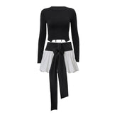 Long sleeve crewneck bowknot lace up ribbon ruched mini skirt set-final-sale