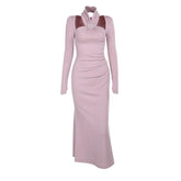 Long sleeve halter faux pearl applique ruched midi dress