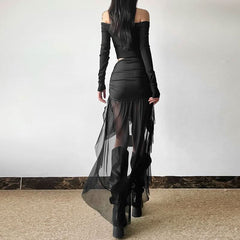 Ruched ruffle mesh mini skirt