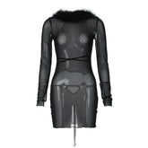 Long sleeve sheer mesh feather ruffle backless mini dress-final-sale