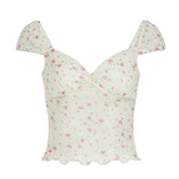 Short puff sleeve rose print lace hem ruched top