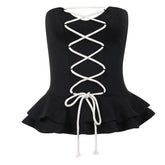 Lace up contrast ruffle corset notch neck tube crop top-final-sale