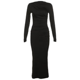Ruched solid long sleeve zip-up maxi dress-final-sale