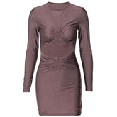 Long sleeve solid ruched o ring hollow out cut out mini dress