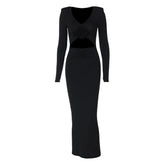 Long sleeve padded ruched flower applique hollow out cut out midi dress-final-sale
