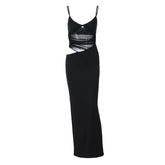 V neck mesh hollow out cami cut out maxi dress