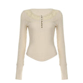 Round neck long sleeve lace ribbed solid top