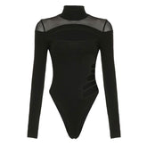 High neck long sleeve mesh hollow out bodysuit