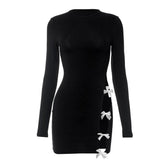 Long sleeve bowknot hollow out crewneck mini dress-final-sale