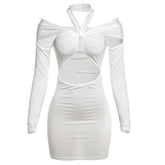 Long sleeve halter hollow out solid cut out mini dress