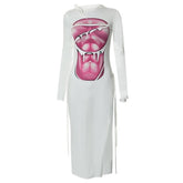 Long sleeve contrast abstract print slit midi dress-final-sale