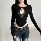 Long sleeve crewneck hollow out lace ribbed cut out top
