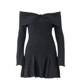 Long sleeve ruffle off shoulder solid ruched mini dress-final-sale