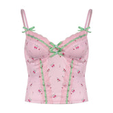Flower print lace hem bowknot cami top