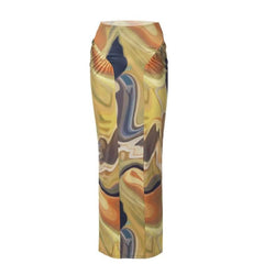 Contrast ruched abstract print midi skirt-final-sale