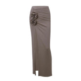 Ruched high slit flower applique irregular solid maxi skirt-final-sale