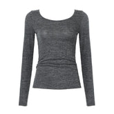 Long sleeve u neck self tie solid top
