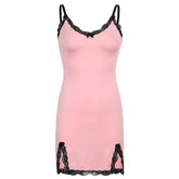 V neck slit lace hem bowknot cami mini dress