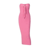 Hollow out knitted backless self tie solid textured tube cut out maxi dress-final-sale