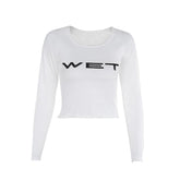 Long sleeve “WETâ€?print u neck top